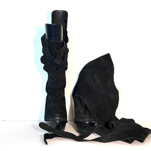 Jeffrey Campbell Black Suede Wedge Adjustable Wrap Boots Sz 8 - Picture 3 of 15